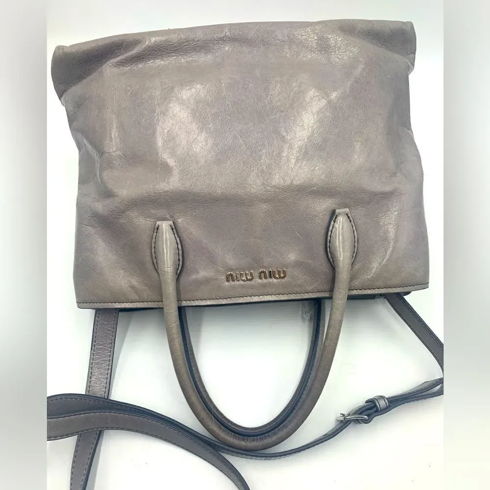 Authentic Miu Miu Vitello Shine Peltro Gray Leather 2way Satchel Preloved